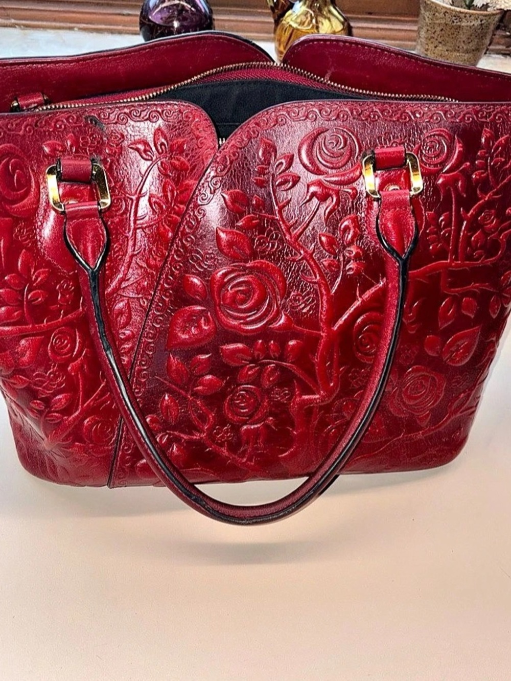 Pijushi Rare Artisan Embossed Floral Leather HandBag missing long strap